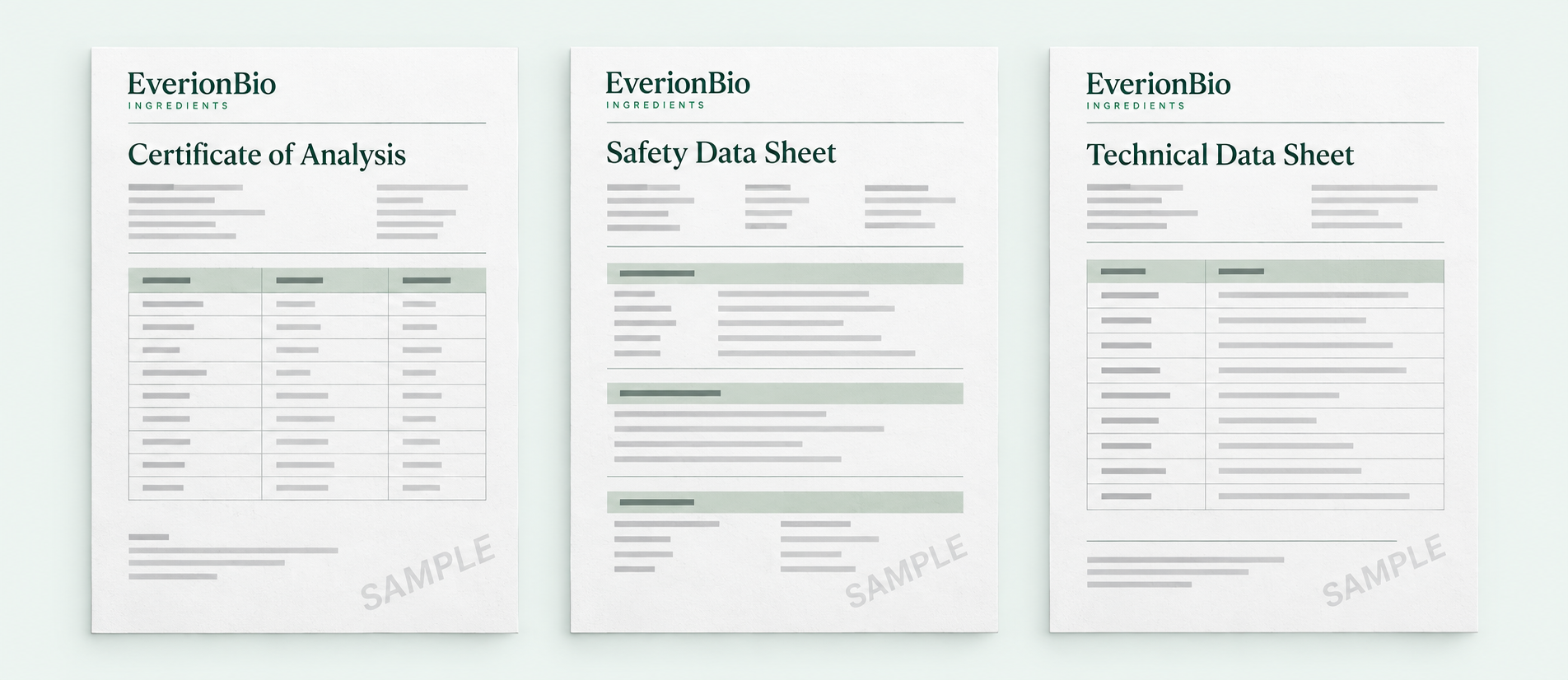 Illustrative sample COA, SDS and TDS documents; actual documentation is provided for the relevant product and batch.