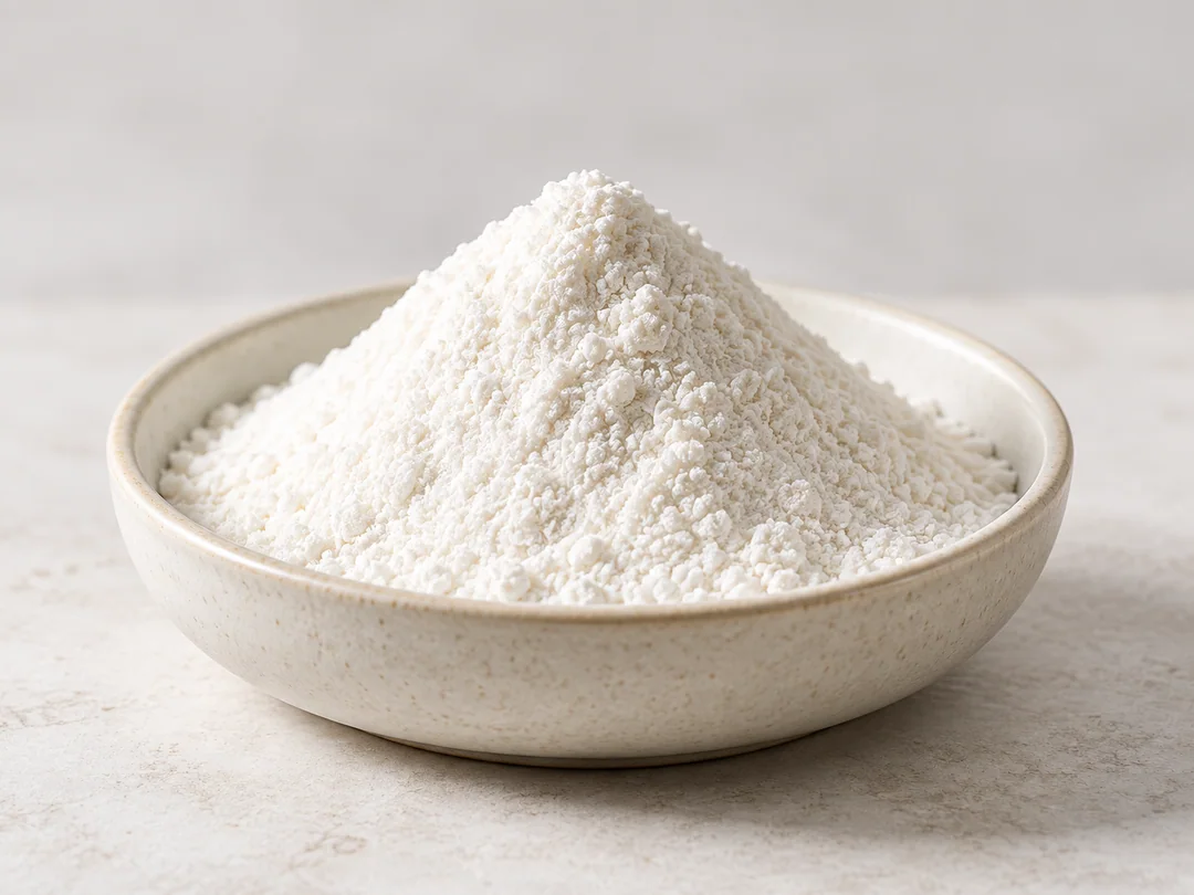 Maltitol: fine white ingredient powder in an ivory ceramic bowl