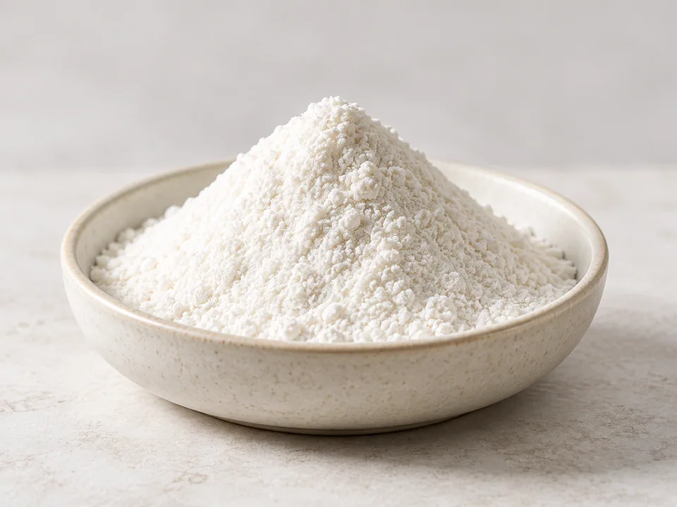 Maltitol: fine white ingredient powder in an ivory ceramic bowl