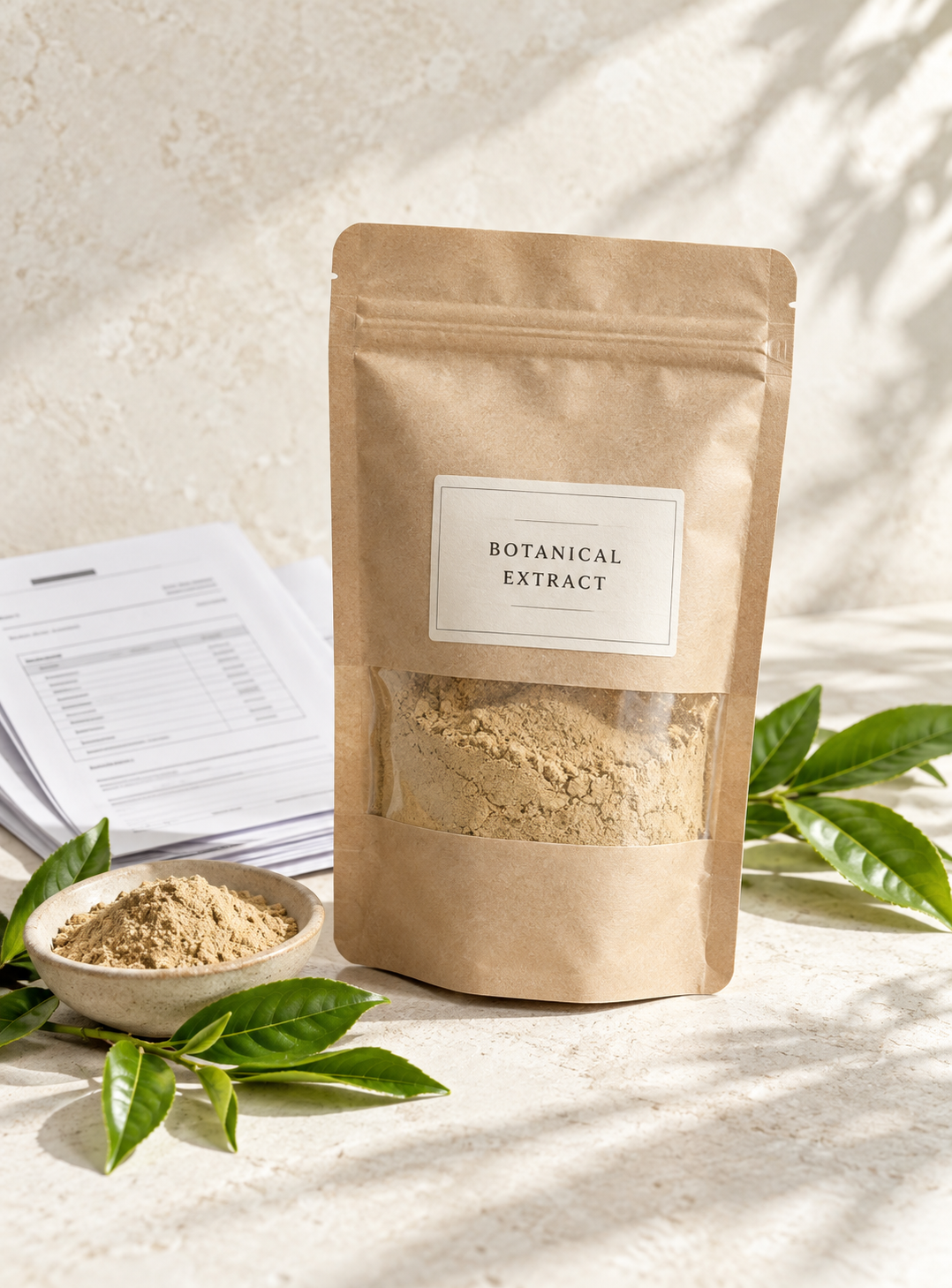 Botanical ingredient sample pouch, shipping documents and fresh green leaves